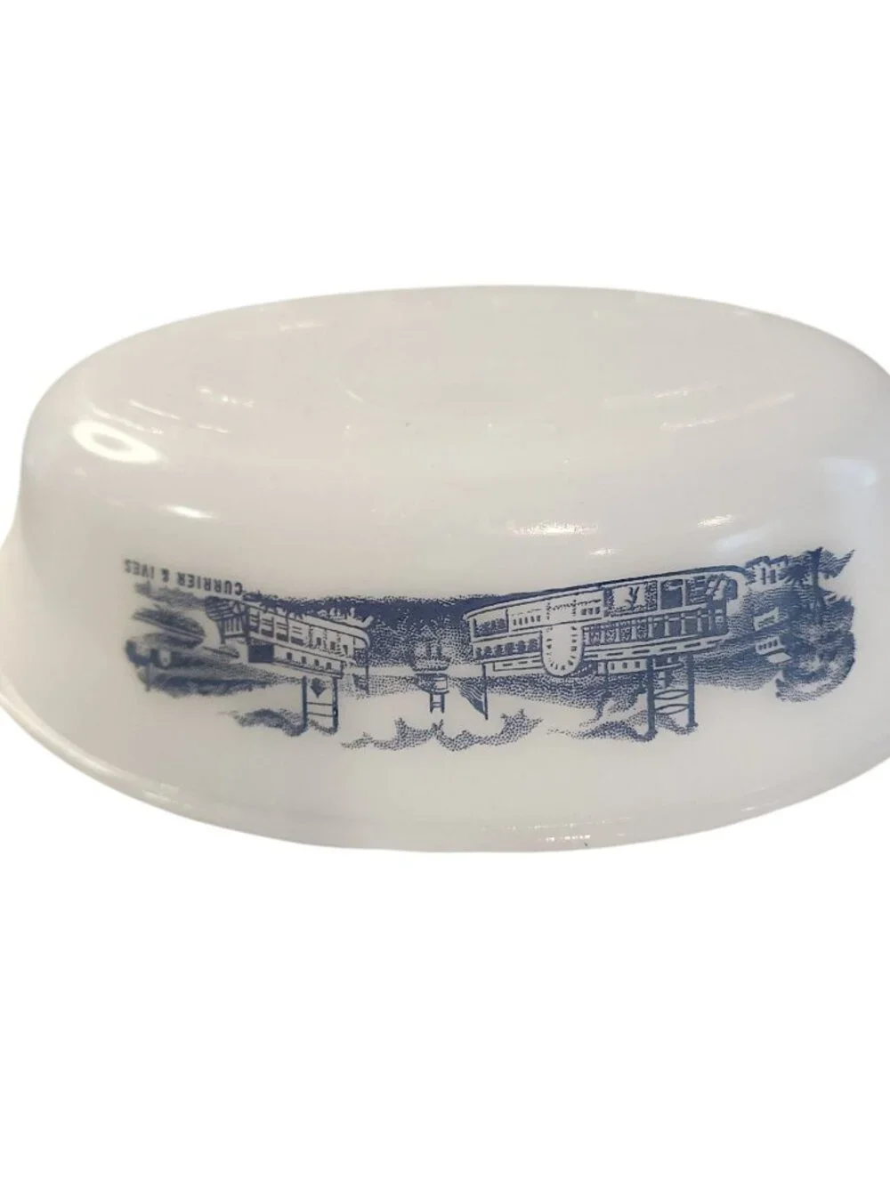 Currier & Ives Milk Glass Oval Casserole Pan w/Lid 9 x 2.5 x 7